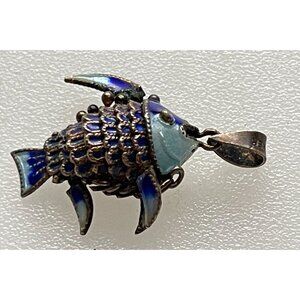 Vintage Articulated Chinese Silver Two Tone Blue Enamel Movable Fish Pendant